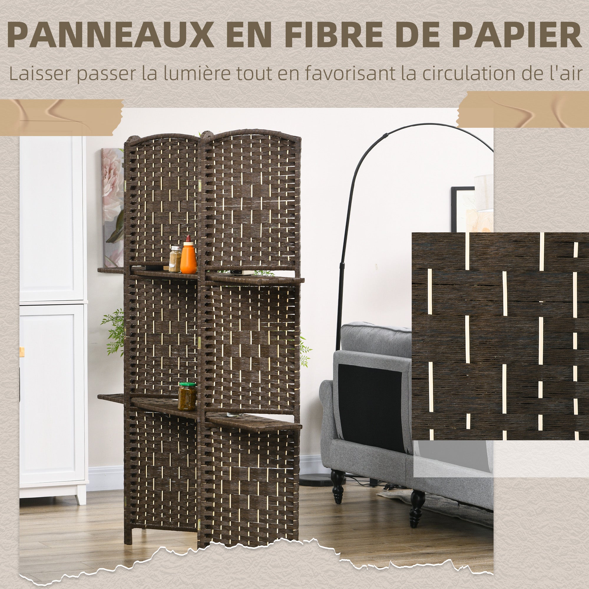 Room Divider 4 Panels 160 x170 cm with 2 Shelves, Folding, Pine Wood for Office, Living Room, Bedroom, Brown
