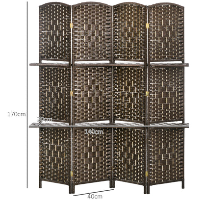 Room Divider 4 Panels 160 x170 cm with 2 Shelves, Folding, Pine Wood for Office, Living Room, Bedroom, Brown