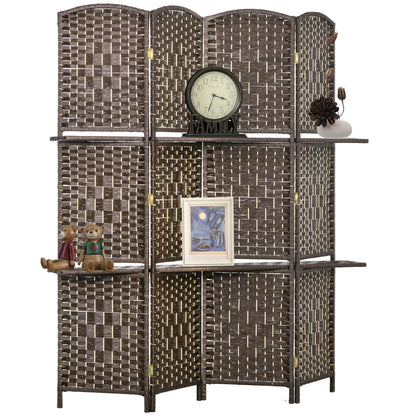 Room Divider 4 Panels 160 x170 cm with 2 Shelves, Folding, Pine Wood for Office, Living Room, Bedroom, Brown