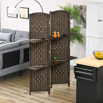 Room Divider 4 Panels 160 x170 cm with 2 Shelves, Folding, Pine Wood for Office, Living Room, Bedroom, Brown