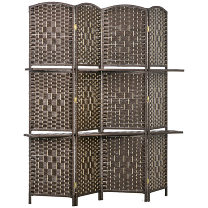 Room Divider 4 Panels 160 x170 cm with 2 Shelves, Folding, Pine Wood for Office, Living Room, Bedroom, Brown