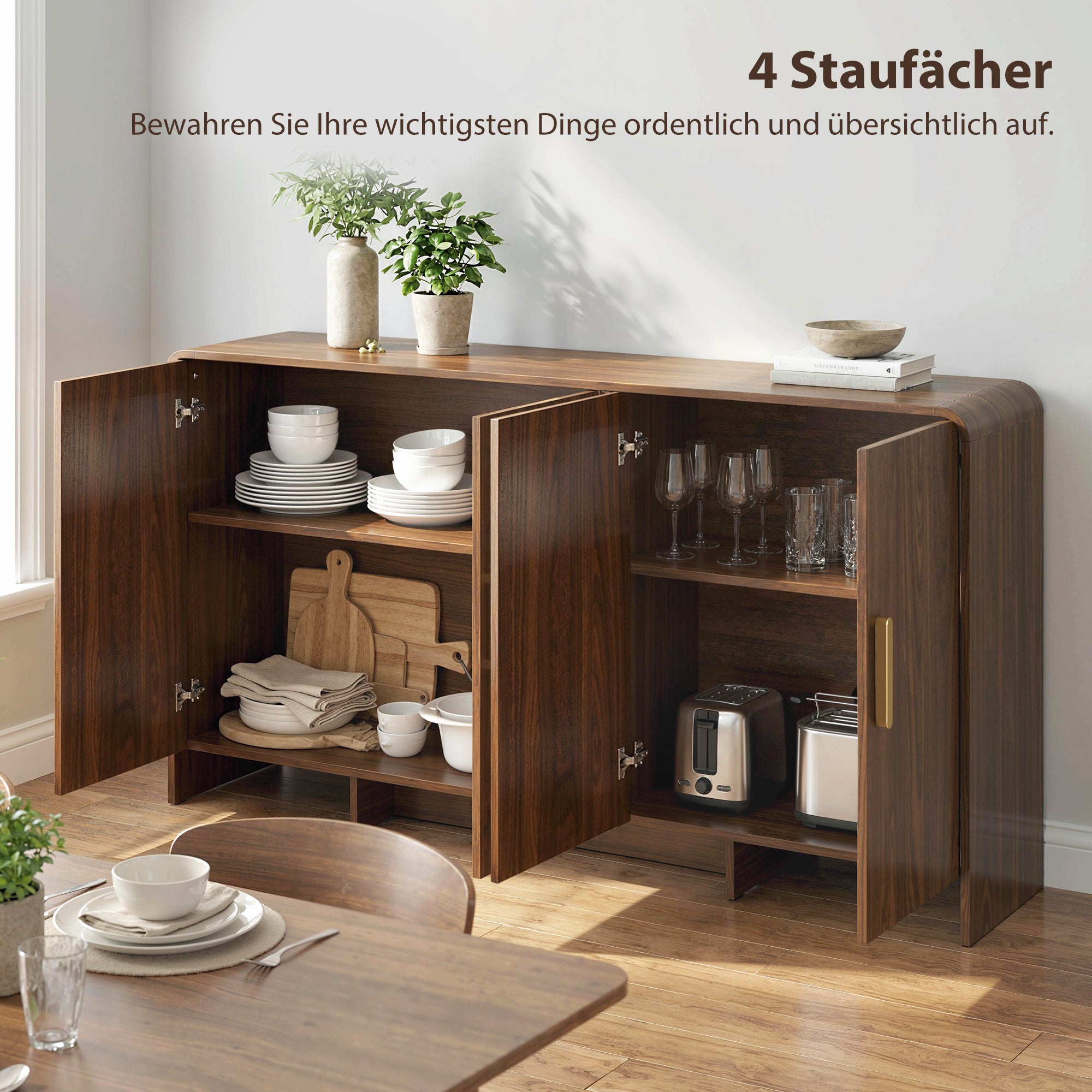 Modern Sideboard, 59.8 in Buffet Cabinet with 4 Storage Compartments, Soft-Close Doors, TV Stand for TVs up to 72 in, Walnut Brown