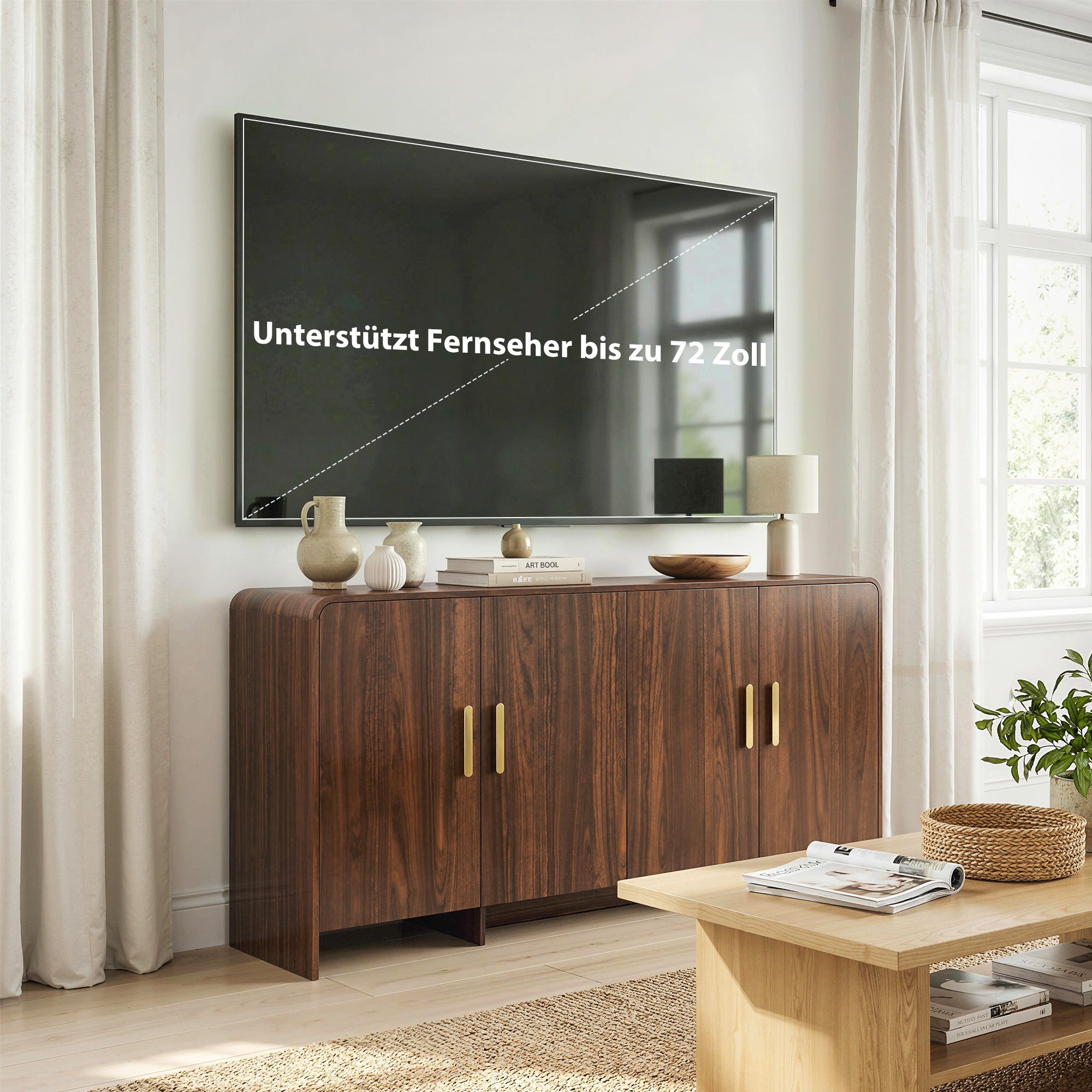 Modern Sideboard, 59.8 in Buffet Cabinet with 4 Storage Compartments, Soft-Close Doors, TV Stand for TVs up to 72 in, Walnut Brown