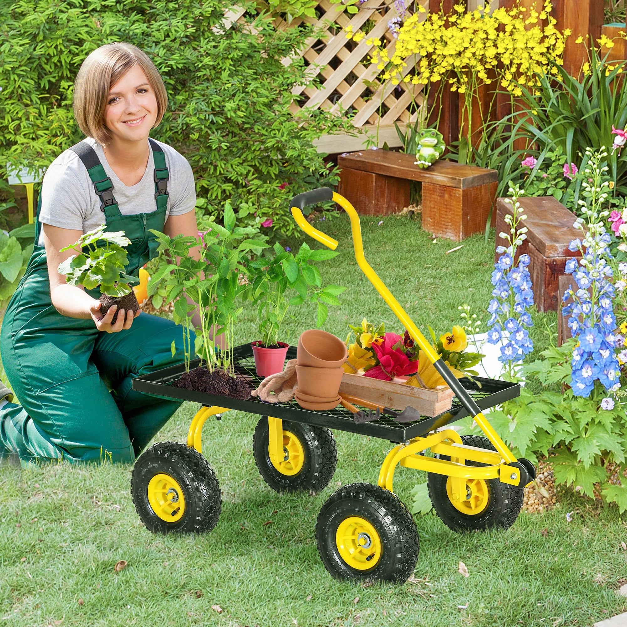 Garden Transport Cart Hand Trailer Wagon 4 Wheels 94L x 48.5W x 100H cm Max Load 150 Kg Yellow Metal