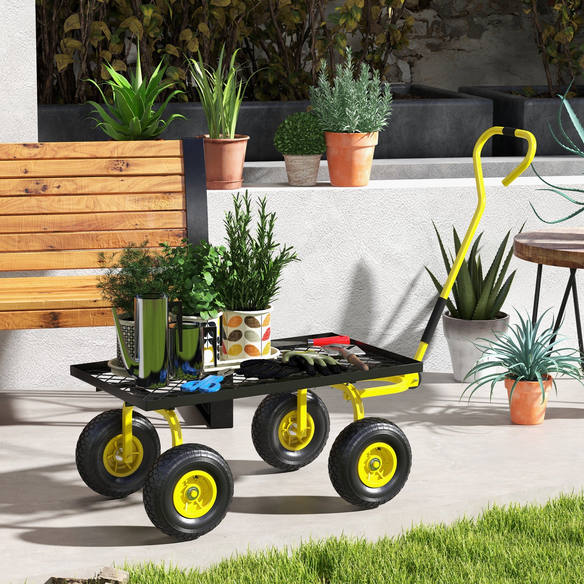 Garden Transport Cart Hand Trailer Wagon 4 Wheels 94L x 48.5W x 100H cm Max Load 150 Kg Yellow Metal