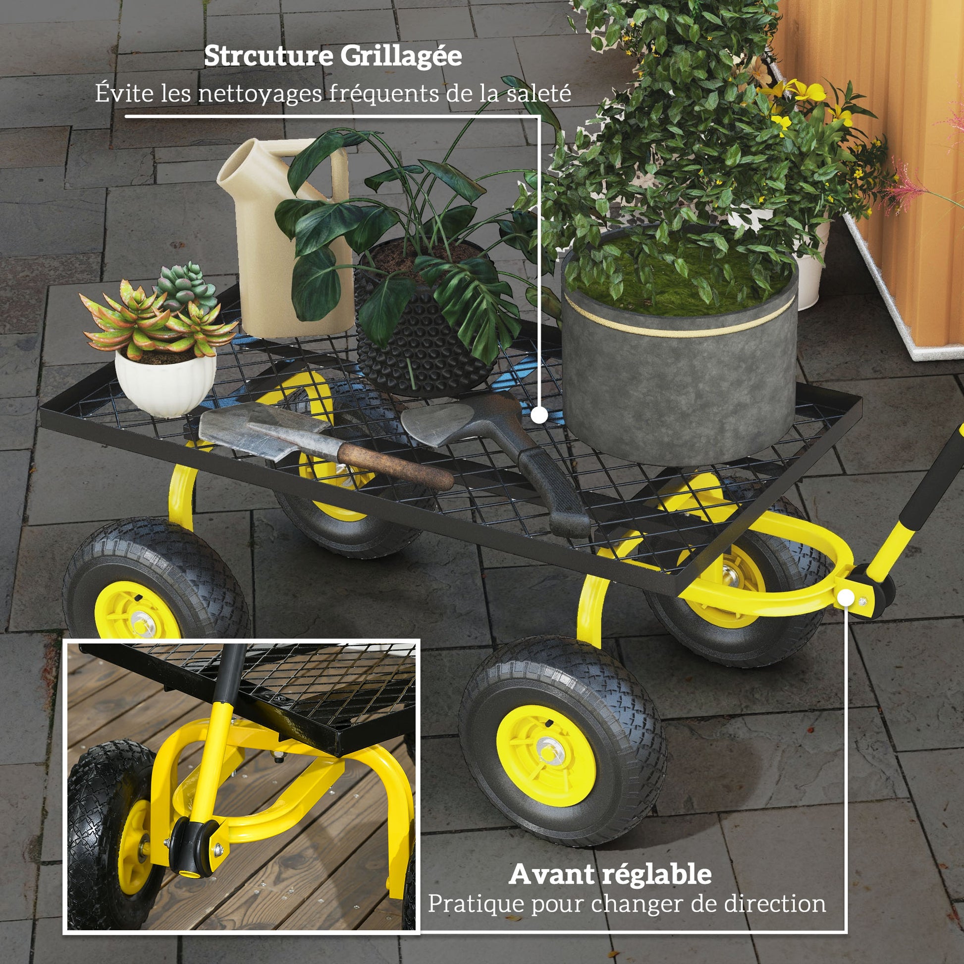 Garden Transport Cart Hand Trailer Wagon 4 Wheels 94L x 48.5W x 100H cm Max Load 150 Kg Yellow Metal
