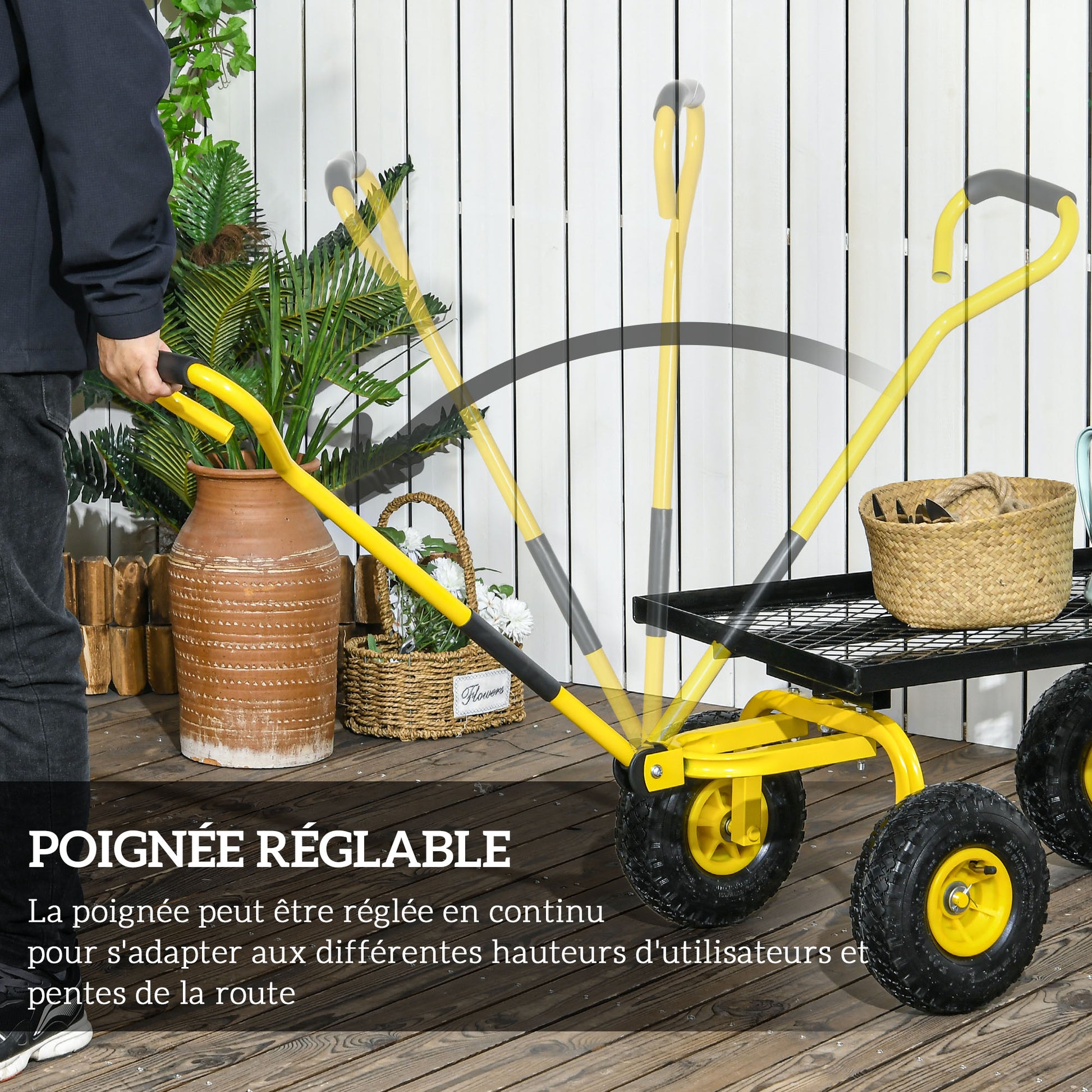 Garden Transport Cart Hand Trailer Wagon 4 Wheels 94L x 48.5W x 100H cm Max Load 150 Kg Yellow Metal