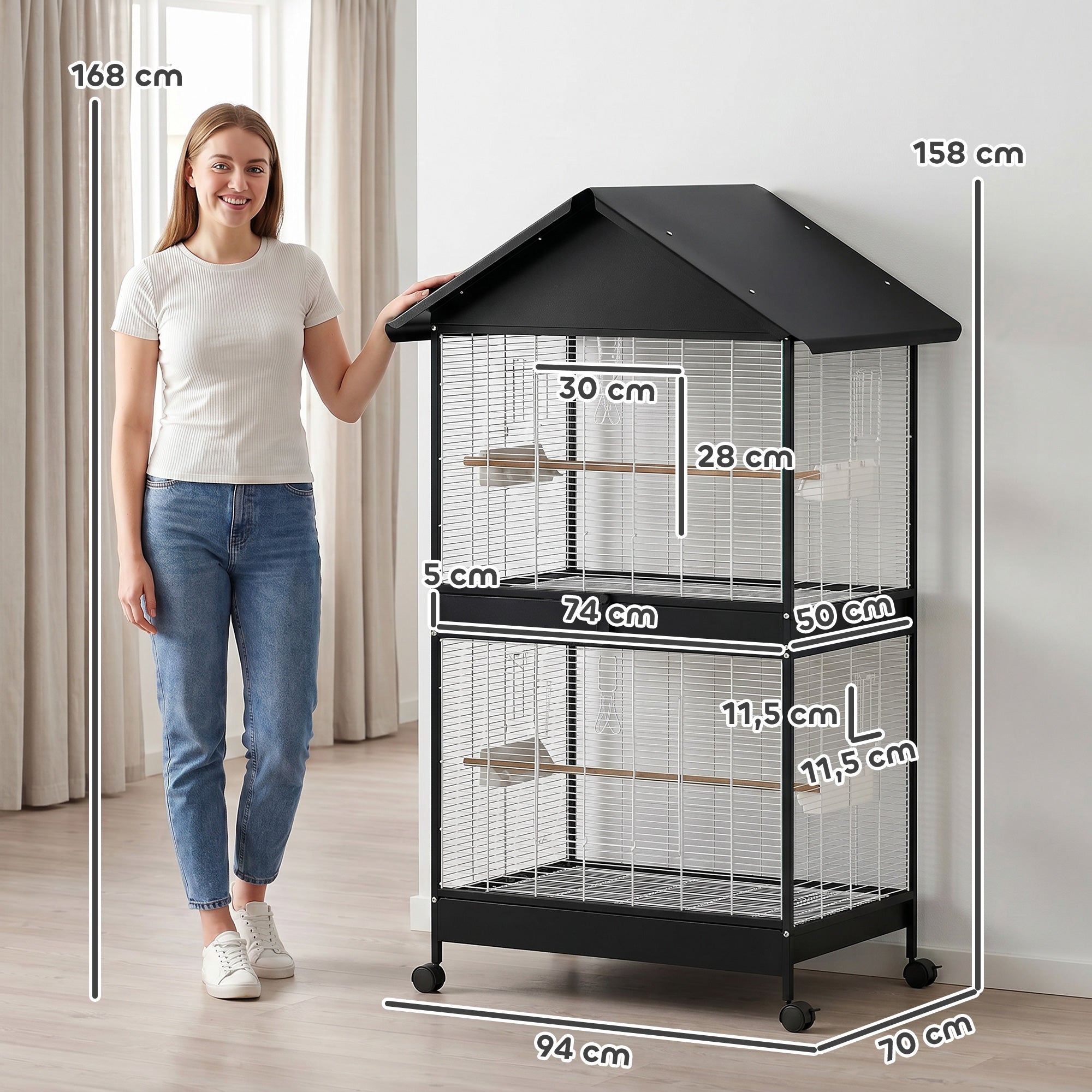 Large Bird Aviary with Removable Divider, 2 Doors, 4 Wooden Perches, Wheels, 2 Trays & 6 Feeders – XXL Cage for Budgies, Cockatiels, Canaries (94 x 70 x 158 cm / 37 x 27.6 x 62.2 in)