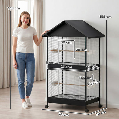 Large Bird Aviary with Removable Divider, 2 Doors, 4 Wooden Perches, Wheels, 2 Trays & 6 Feeders – XXL Cage for Budgies, Cockatiels, Canaries (94 x 70 x 158 cm / 37 x 27.6 x 62.2 in)