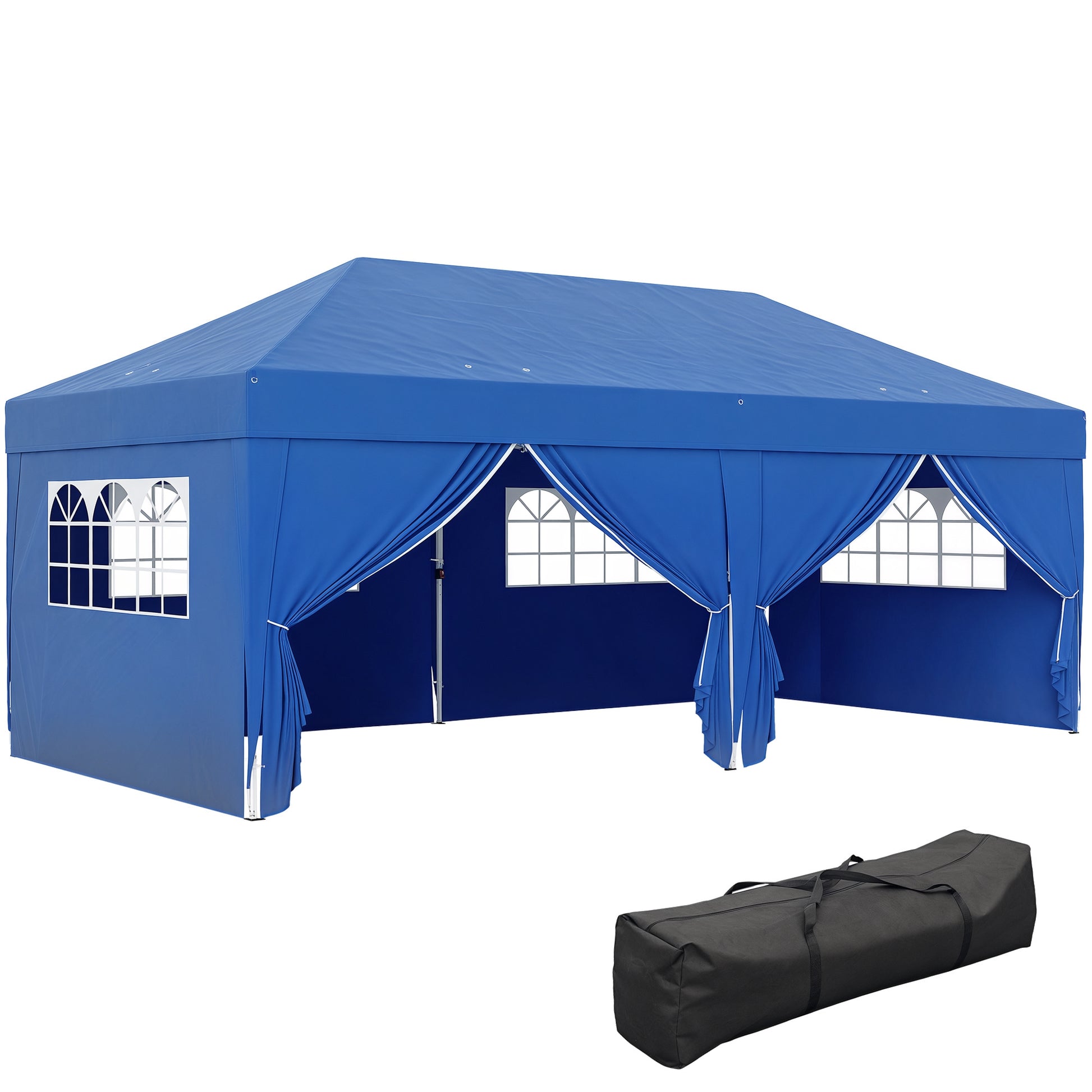 Outdoor Garden Gazebo Folding Pop-Up Gazebo 3 x 6 m with 6 Side Walls, Drainage Holes, Included Carrying Bag, Folding Canopy for Camping Festival Wedding, Blue