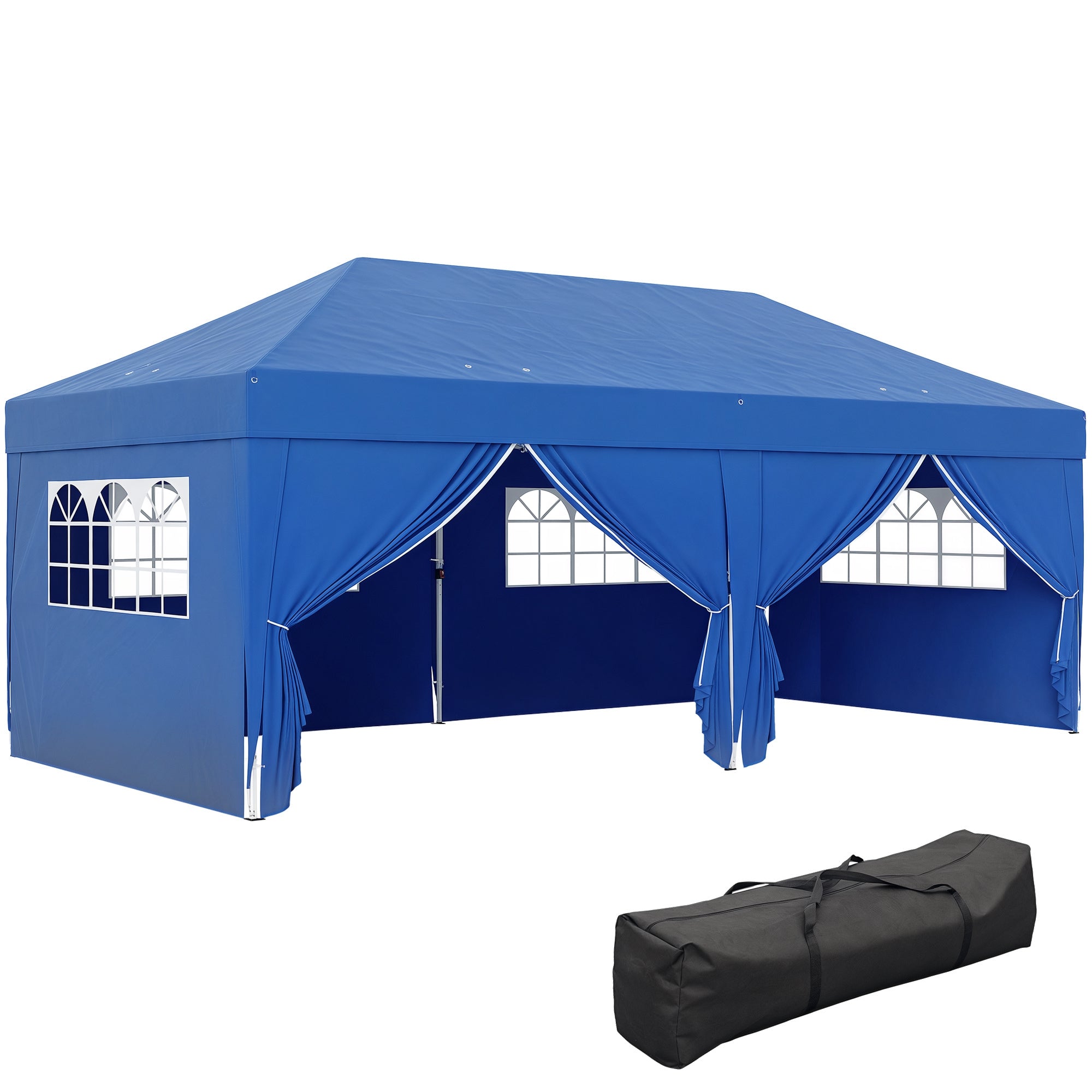 Outdoor Garden Gazebo Folding Pop-Up Gazebo 3 x 6 m with 6 Side Walls, Drainage Holes, Included Carrying Bag, Folding Canopy for Camping Festival Wedding, Blue