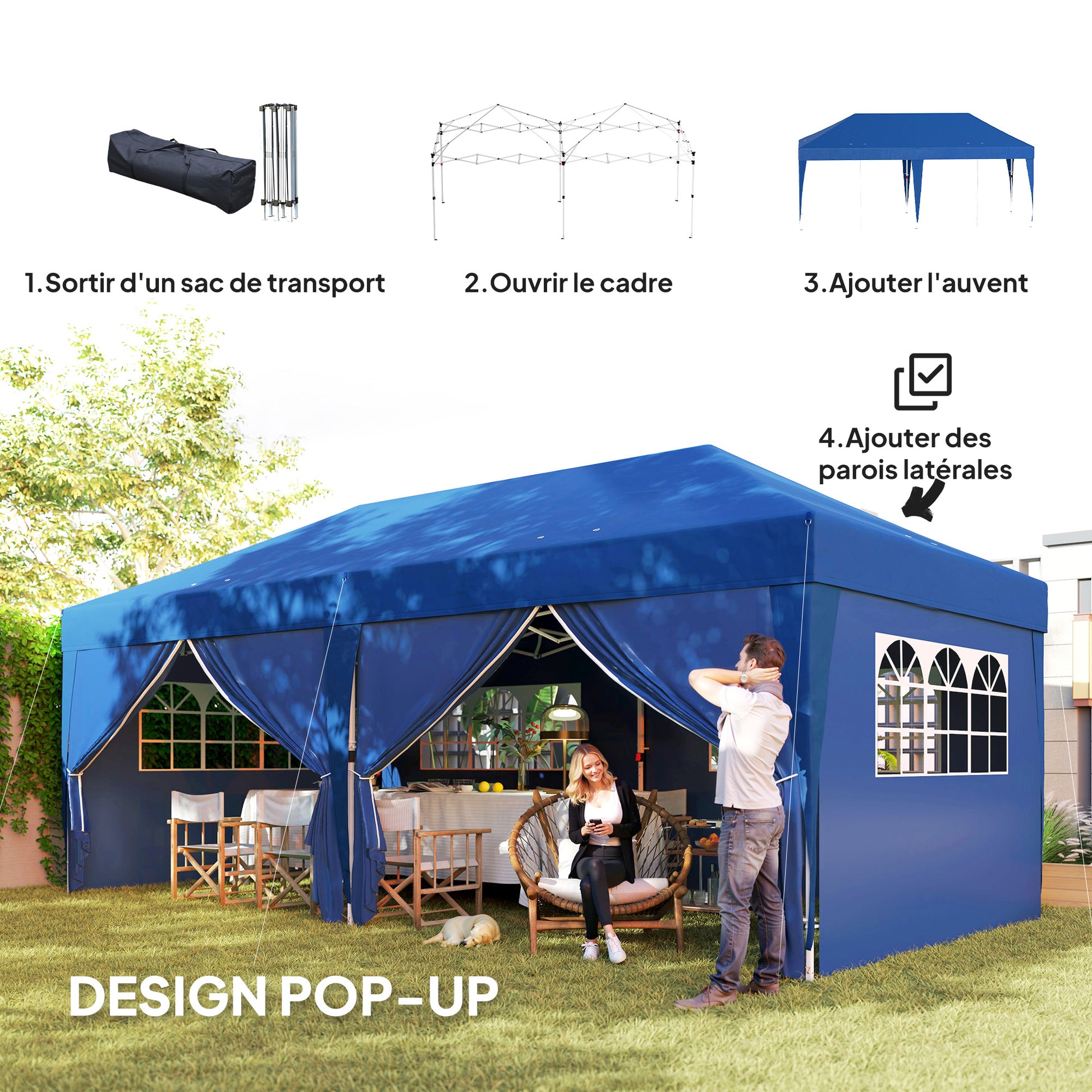 Outdoor Garden Gazebo Folding Pop-Up Gazebo 3 x 6 m with 6 Side Walls, Drainage Holes, Included Carrying Bag, Folding Canopy for Camping Festival Wedding, Blue