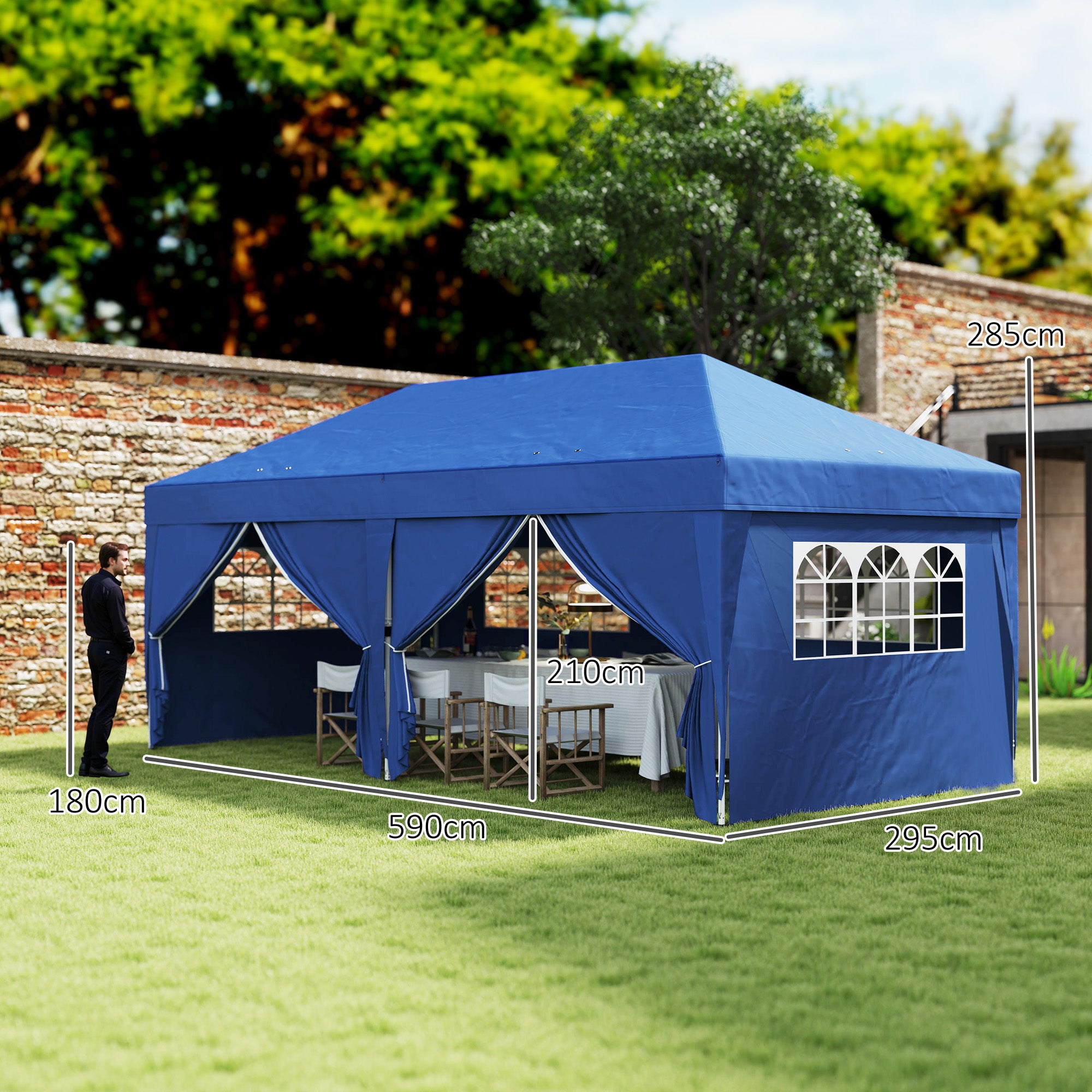 Outdoor Garden Gazebo Folding Pop-Up Gazebo 3 x 6 m with 6 Side Walls, Drainage Holes, Included Carrying Bag, Folding Canopy for Camping Festival Wedding, Blue