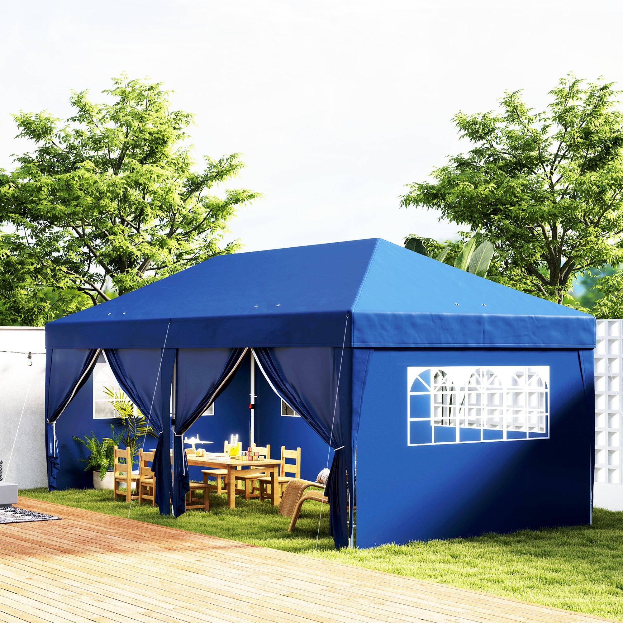 Outdoor Garden Gazebo Folding Pop-Up Gazebo 3 x 6 m with 6 Side Walls, Drainage Holes, Included Carrying Bag, Folding Canopy for Camping Festival Wedding, Blue
