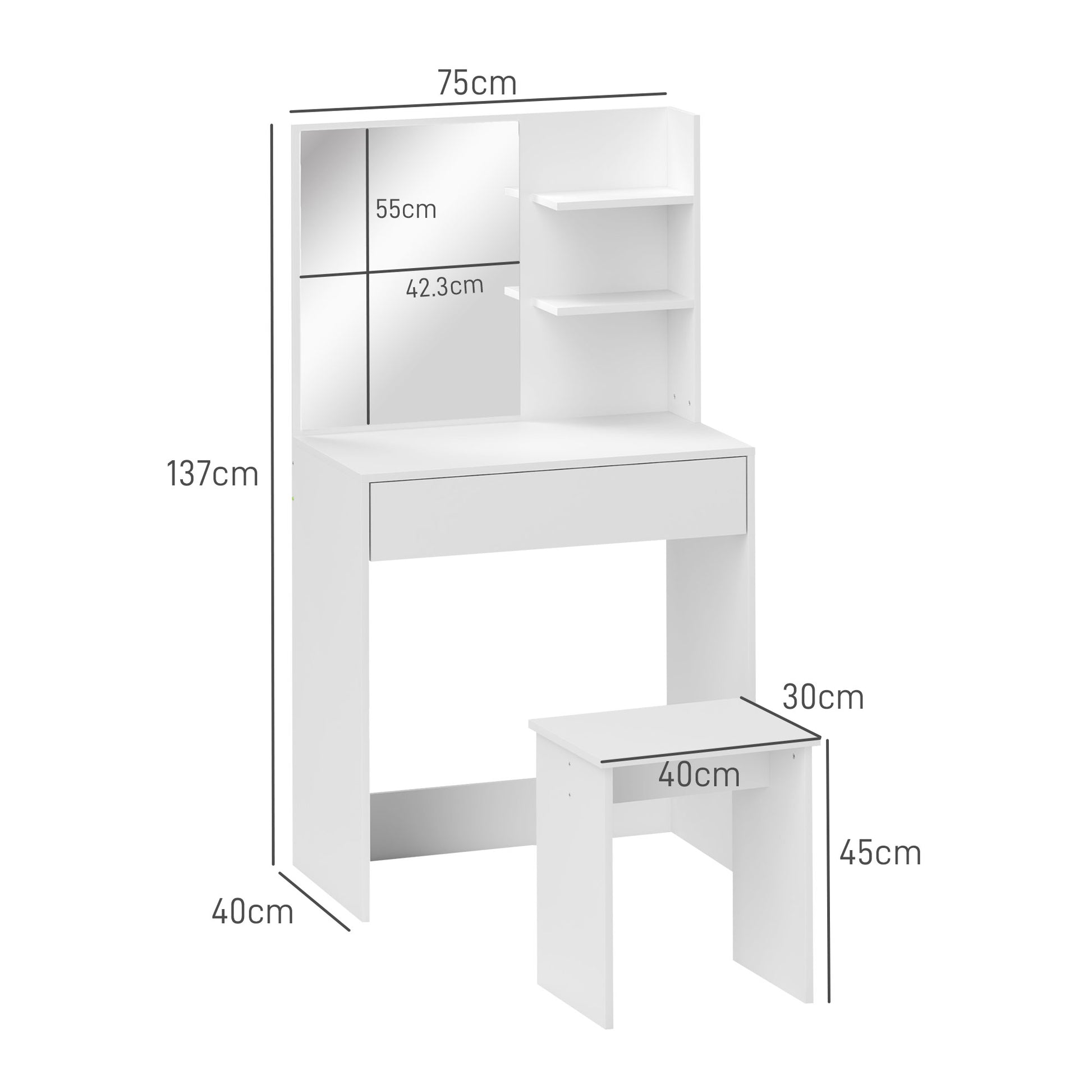 3-Tier Makeup Table with Drawers, Mirror, and Matching Stool, Chipboard Bedroom Vanity, 75x40x137 cm, White