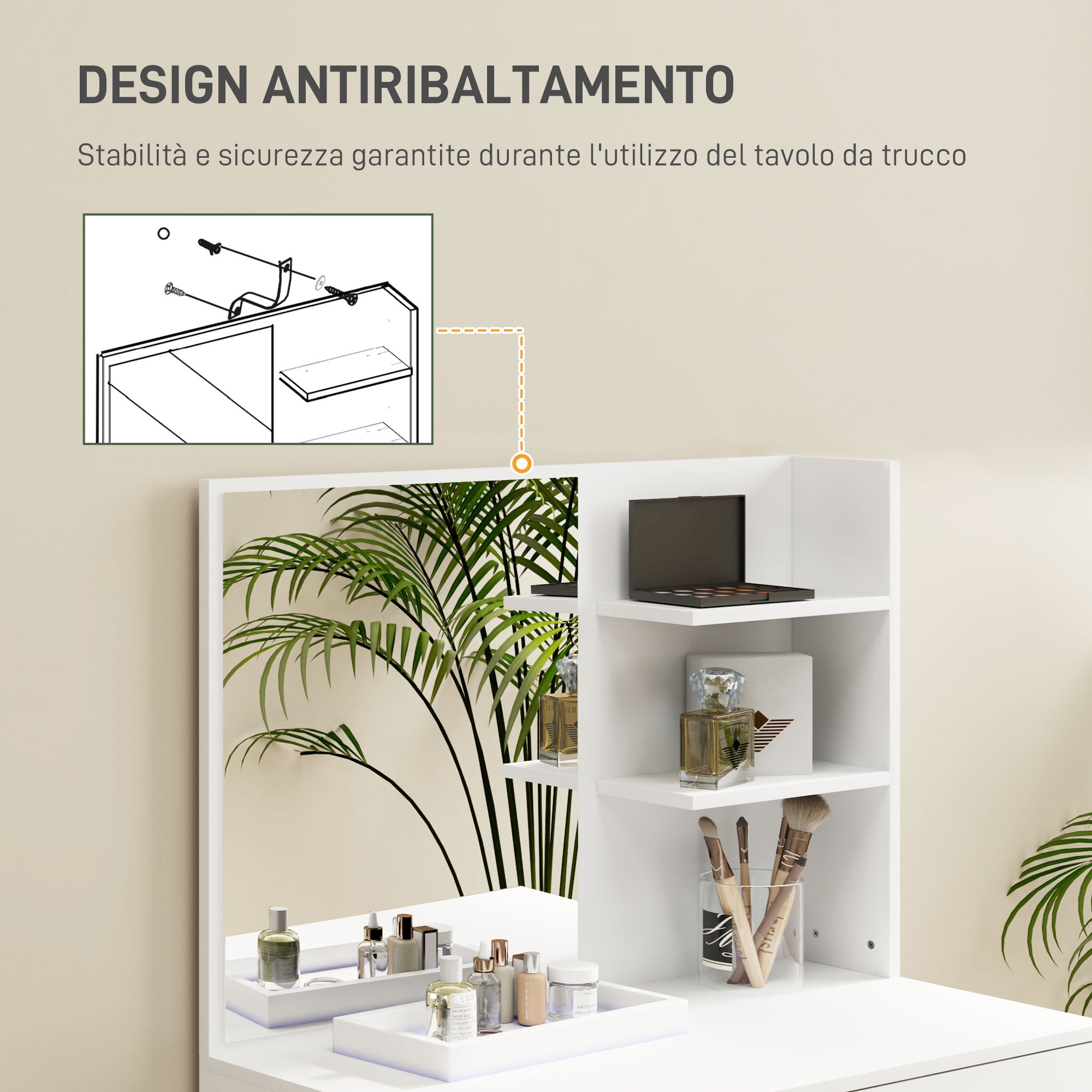 3-Tier Makeup Table with Drawers, Mirror, and Matching Stool, Chipboard Bedroom Vanity, 75x40x137 cm, White