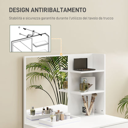 3-Tier Makeup Table with Drawers, Mirror, and Matching Stool, Chipboard Bedroom Vanity, 75x40x137 cm, White