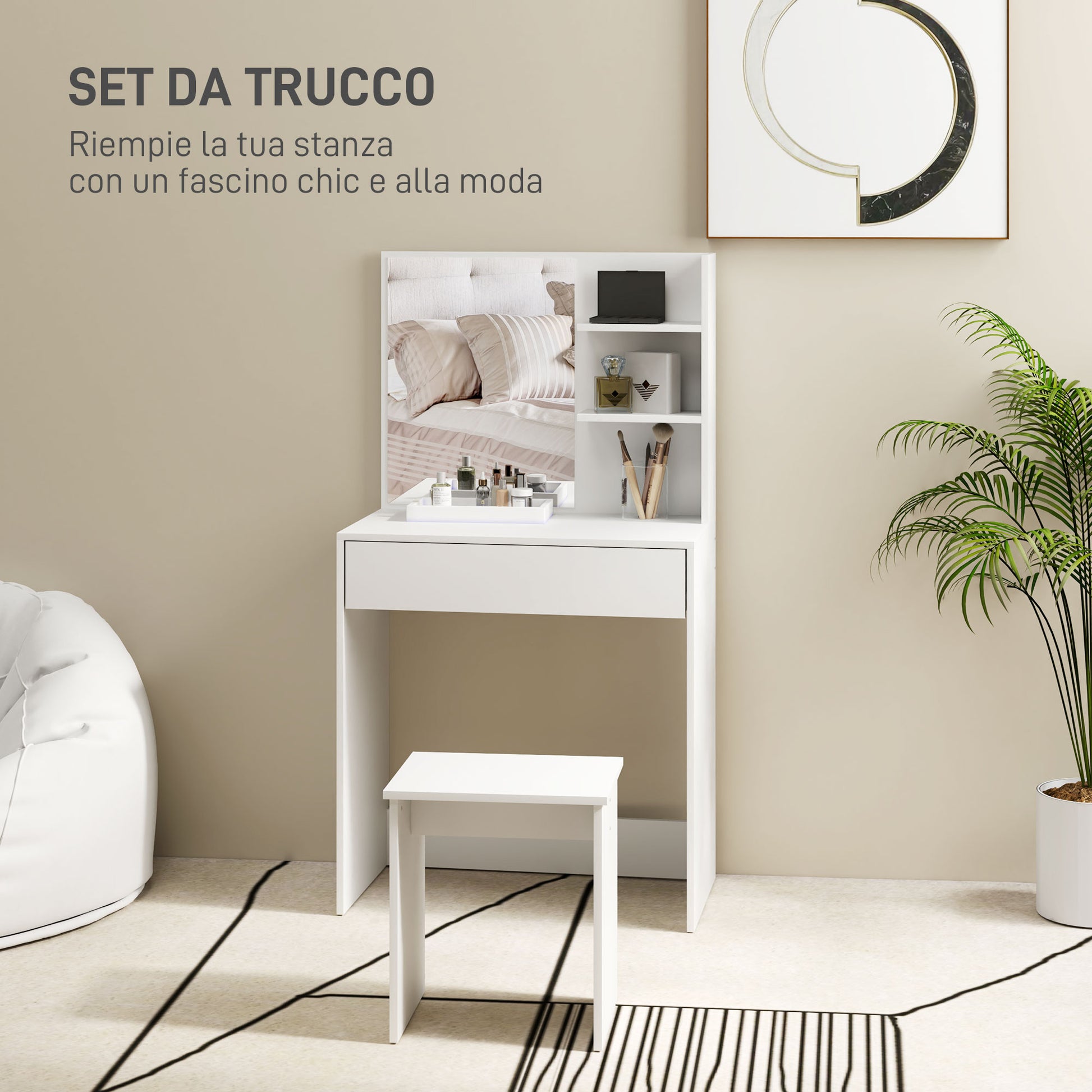 3-Tier Makeup Table with Drawers, Mirror, and Matching Stool, Chipboard Bedroom Vanity, 75x40x137 cm, White