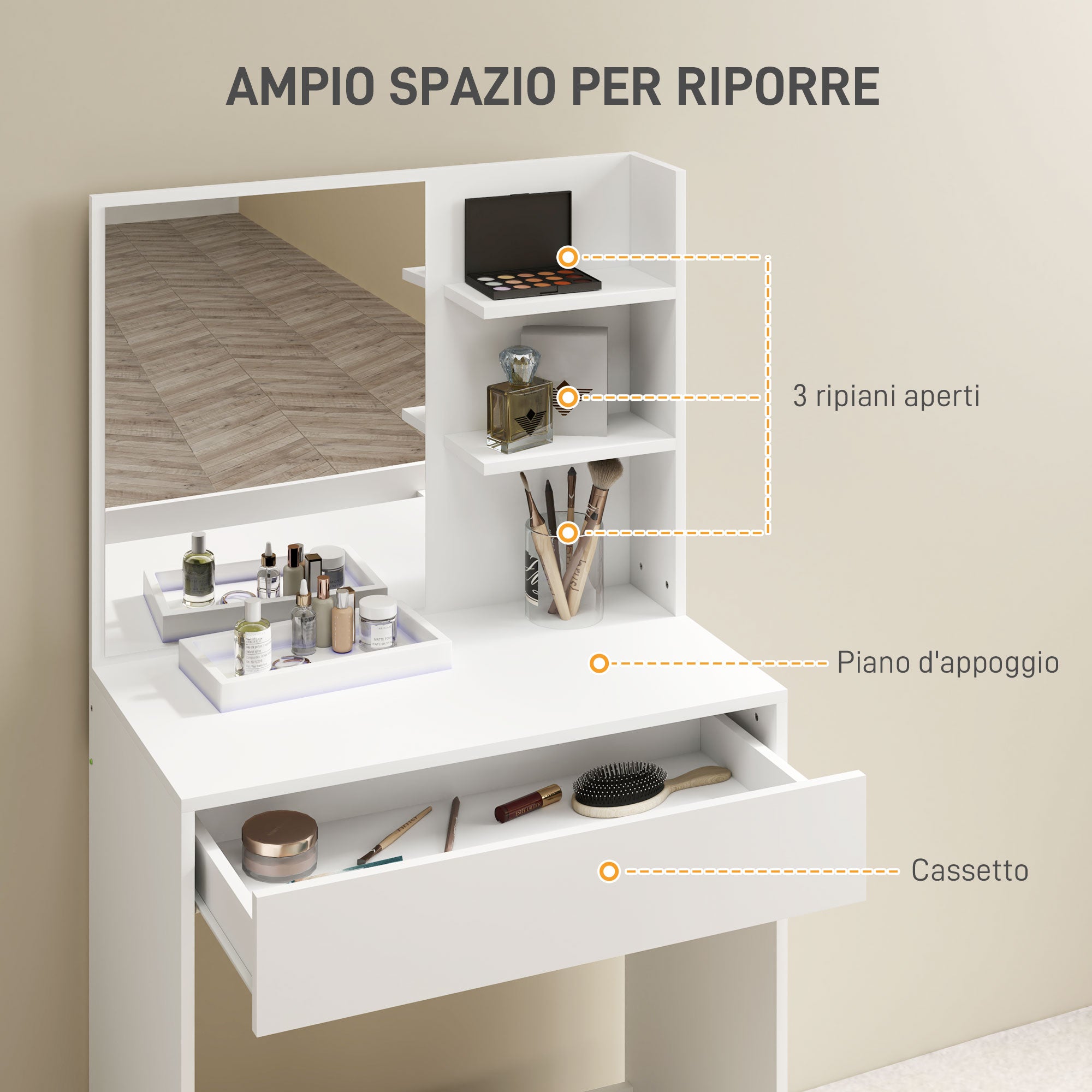 3-Tier Makeup Table with Drawers, Mirror, and Matching Stool, Chipboard Bedroom Vanity, 75x40x137 cm, White