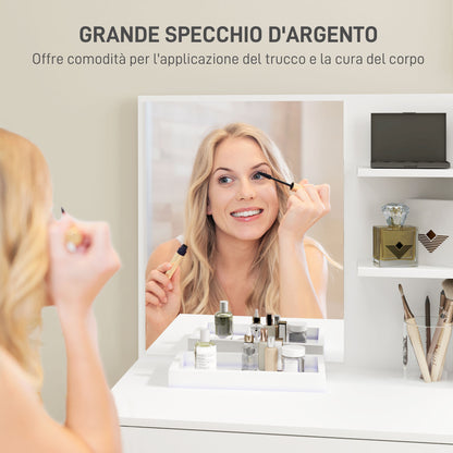 3-Tier Makeup Table with Drawers, Mirror, and Matching Stool, Chipboard Bedroom Vanity, 75x40x137 cm, White