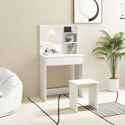 3-Tier Makeup Table with Drawers, Mirror, and Matching Stool, Chipboard Bedroom Vanity, 75x40x137 cm, White