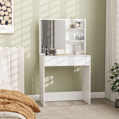 3-Tier Makeup Table with Drawers, Mirror, and Matching Stool, Chipboard Bedroom Vanity, 75x40x137 cm, White