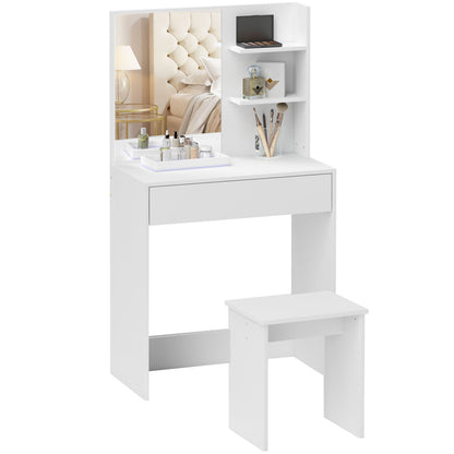 3-Tier Makeup Table with Drawers, Mirror, and Matching Stool, Chipboard Bedroom Vanity, 75x40x137 cm, White