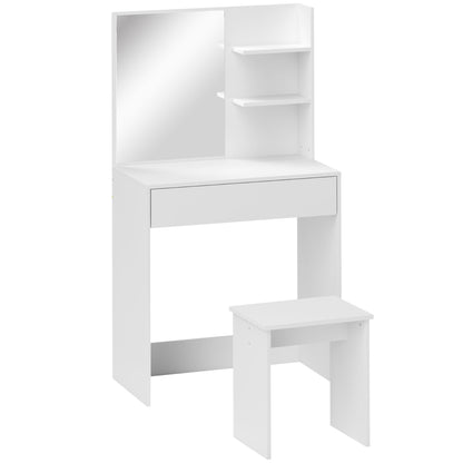 3-Tier Makeup Table with Drawers, Mirror, and Matching Stool, Chipboard Bedroom Vanity, 75x40x137 cm, White