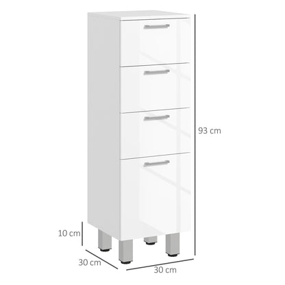 Modern Bathroom Auxiliary Cabinet with 4 Drawers and 4 Legs Storage Cabinet for Living Room Bedroom Anti-topple Load 30 kg 30x30x93 cm Glossy White