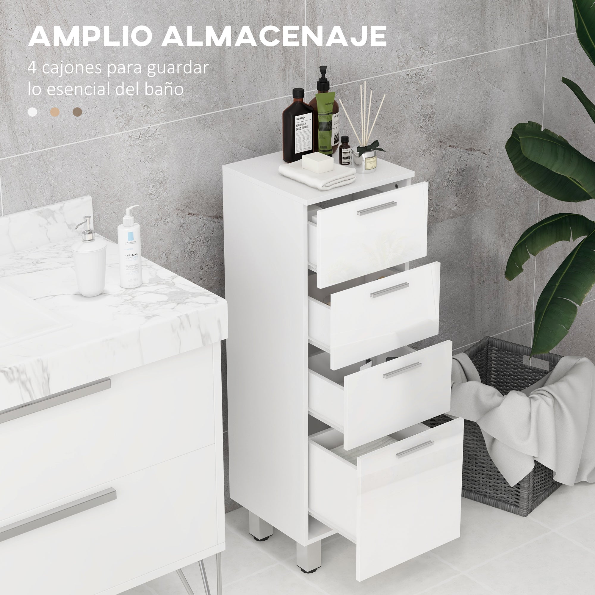 Modern Bathroom Auxiliary Cabinet with 4 Drawers and 4 Legs Storage Cabinet for Living Room Bedroom Anti-topple Load 30 kg 30x30x93 cm Glossy White