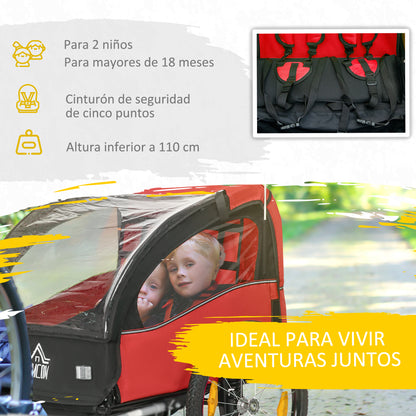 Kids' Bike Trailer +18 Months 2-Seater Stroller with Safety Belt Storage Space and Shock Absorber System 140x88x90 cm Red
