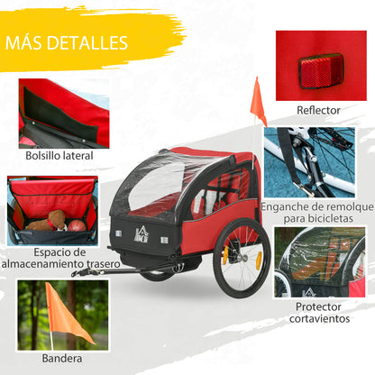 Kids' Bike Trailer +18 Months 2-Seater Stroller with Safety Belt Storage Space and Shock Absorber System 140x88x90 cm Red