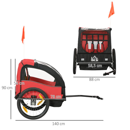 Kids' Bike Trailer +18 Months 2-Seater Stroller with Safety Belt Storage Space and Shock Absorber System 140x88x90 cm Red