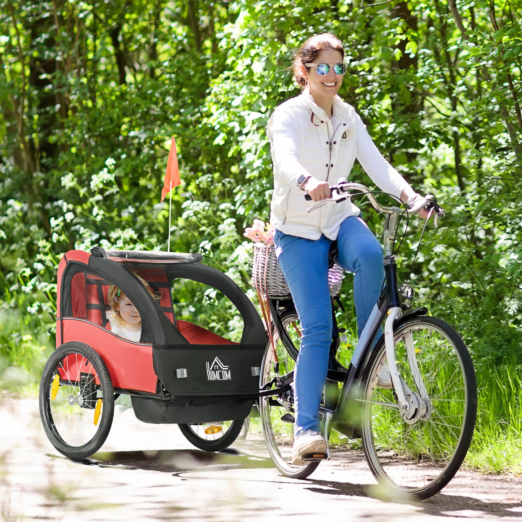 Kids' Bike Trailer +18 Months 2-Seater Stroller with Safety Belt Storage Space and Shock Absorber System 140x88x90 cm Red