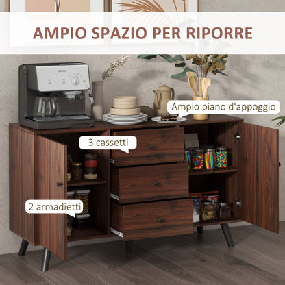 Modern Sideboard for Living Room, Dining Room, and Entryway in Particleboard and Wood, Storage Cabinet with 2 Cabinets and 3 Drawers, 127x40x76 cm, Brown and Black