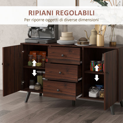 Modern Sideboard for Living Room, Dining Room, and Entryway in Particleboard and Wood, Storage Cabinet with 2 Cabinets and 3 Drawers, 127x40x76 cm, Brown and Black