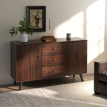 Modern Sideboard for Living Room, Dining Room, and Entryway in Particleboard and Wood, Storage Cabinet with 2 Cabinets and 3 Drawers, 127x40x76 cm, Brown and Black