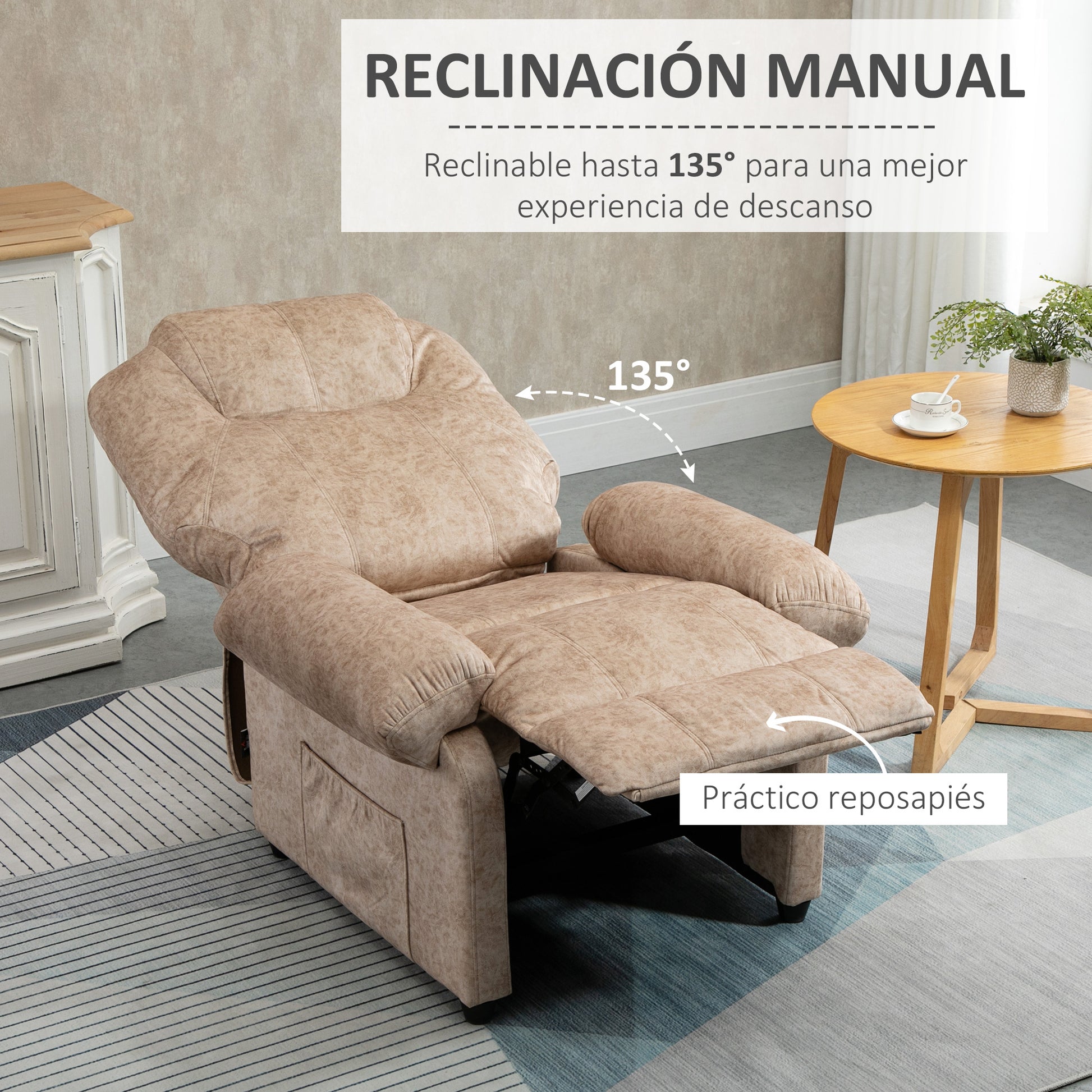 Velvet Upholstered Manual Reclining Relax Armchair with Retractable Footrest and Side Pockets for Living Room Office Bedroom 88x91x108 cm Beige