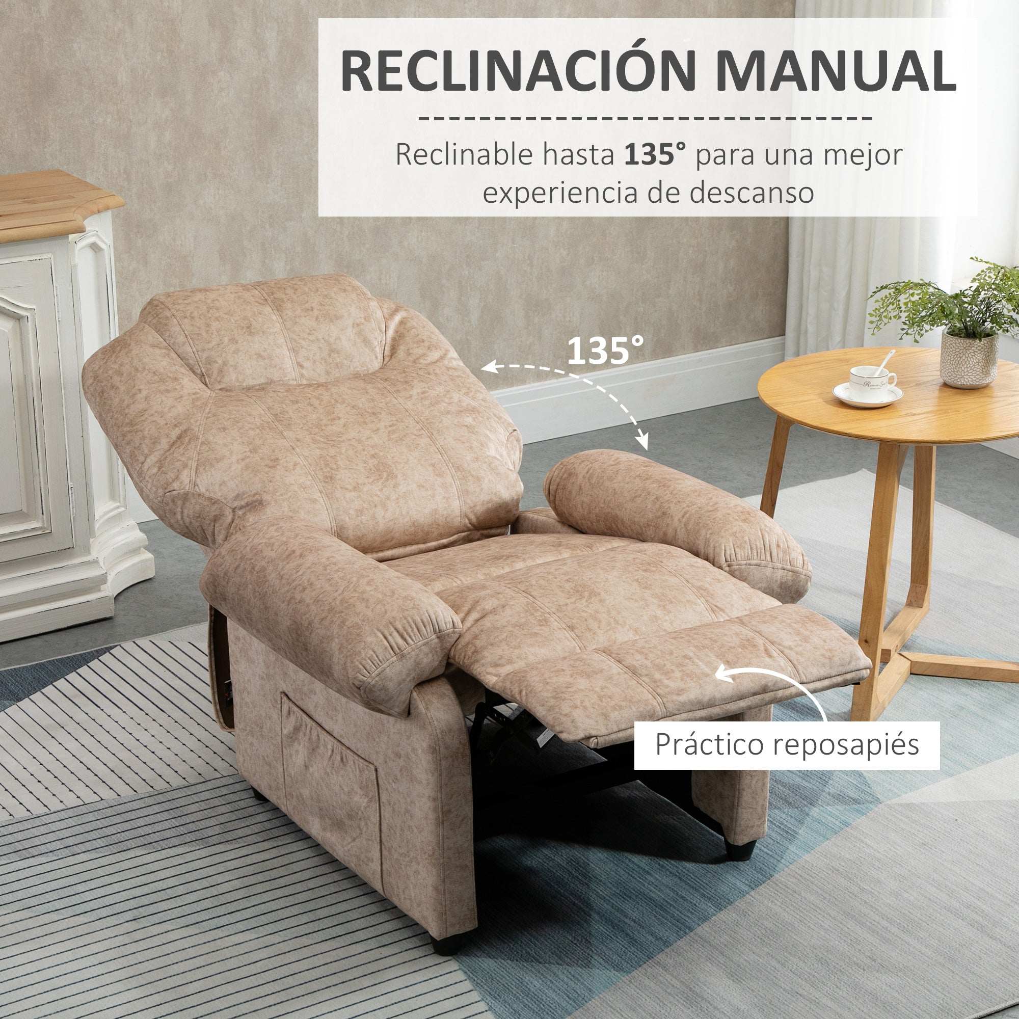 Velvet Upholstered Manual Reclining Relax Armchair with Retractable Footrest and Side Pockets for Living Room Office Bedroom 88x91x108 cm Beige