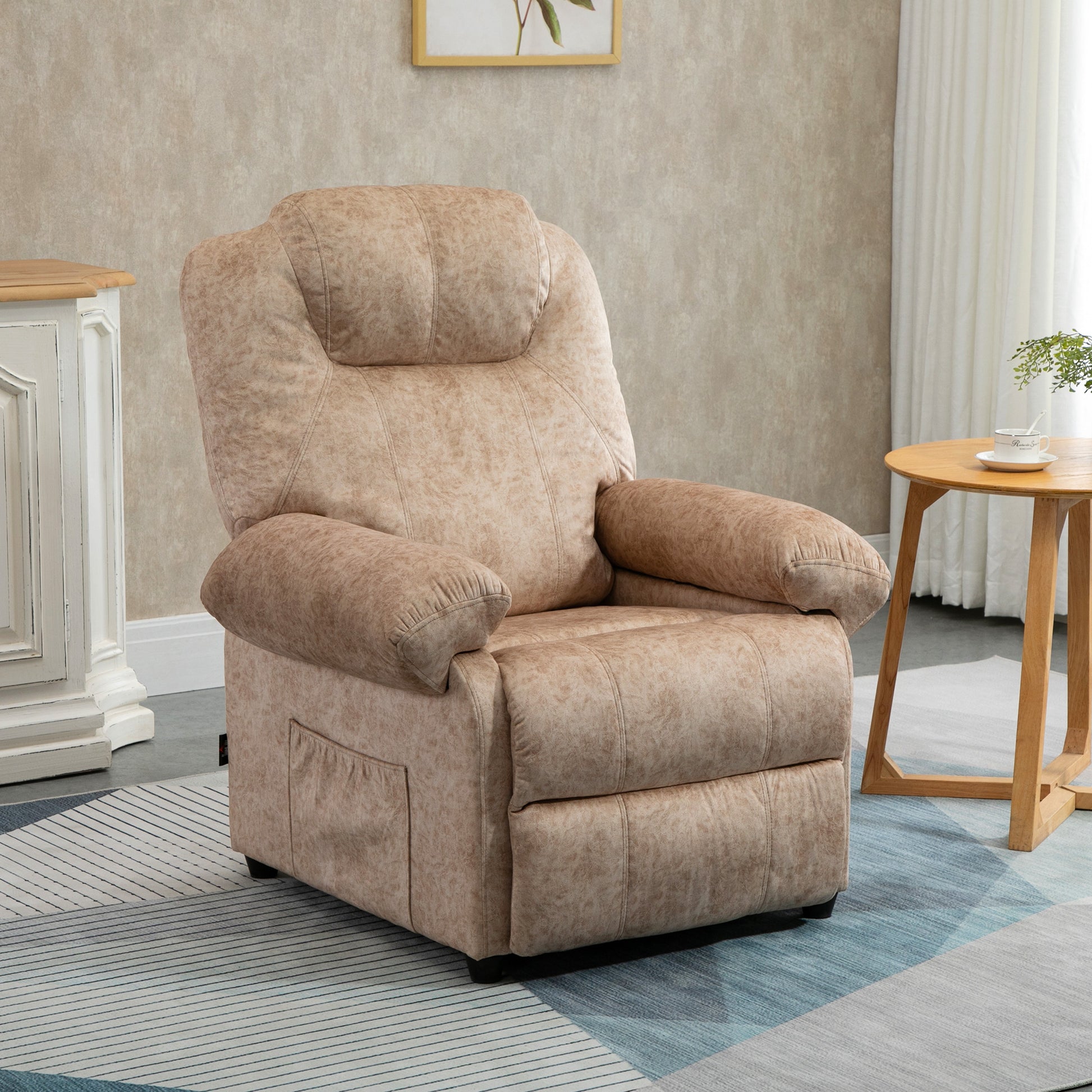 Velvet Upholstered Manual Reclining Relax Armchair with Retractable Footrest and Side Pockets for Living Room Office Bedroom 88x91x108 cm Beige