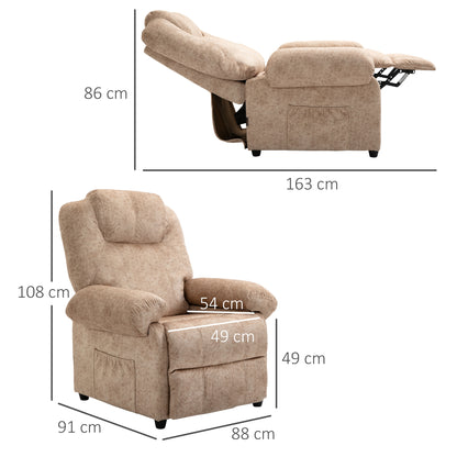 Velvet Upholstered Manual Reclining Relax Armchair with Retractable Footrest and Side Pockets for Living Room Office Bedroom 88x91x108 cm Beige