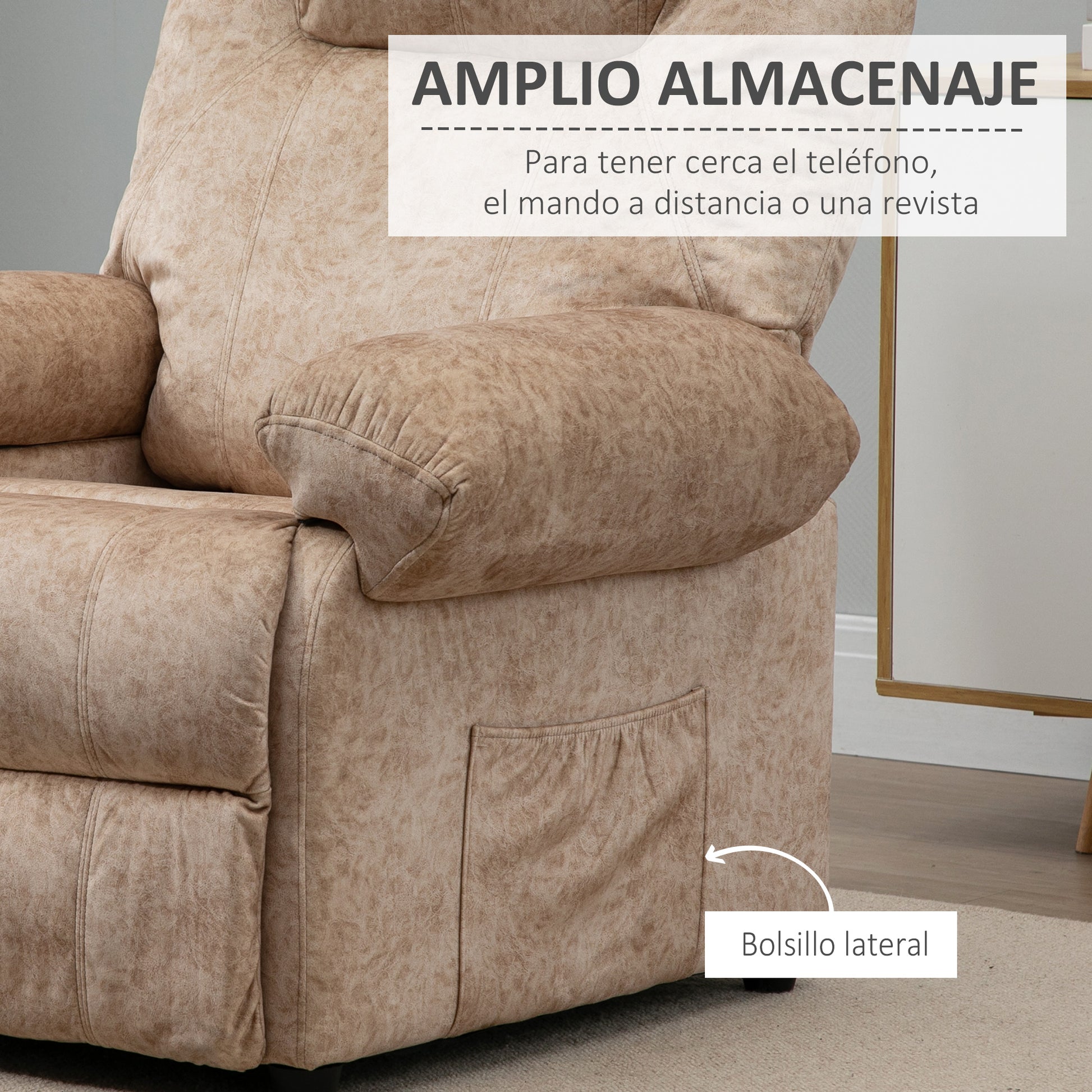 Velvet Upholstered Manual Reclining Relax Armchair with Retractable Footrest and Side Pockets for Living Room Office Bedroom 88x91x108 cm Beige