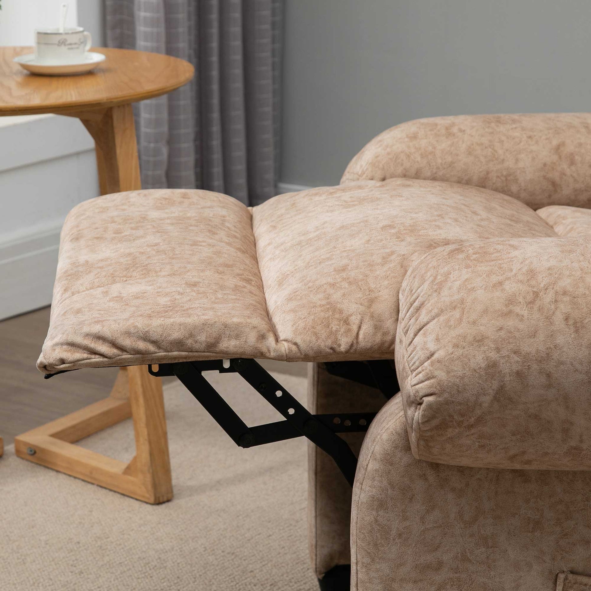 Velvet Upholstered Manual Reclining Relax Armchair with Retractable Footrest and Side Pockets for Living Room Office Bedroom 88x91x108 cm Beige