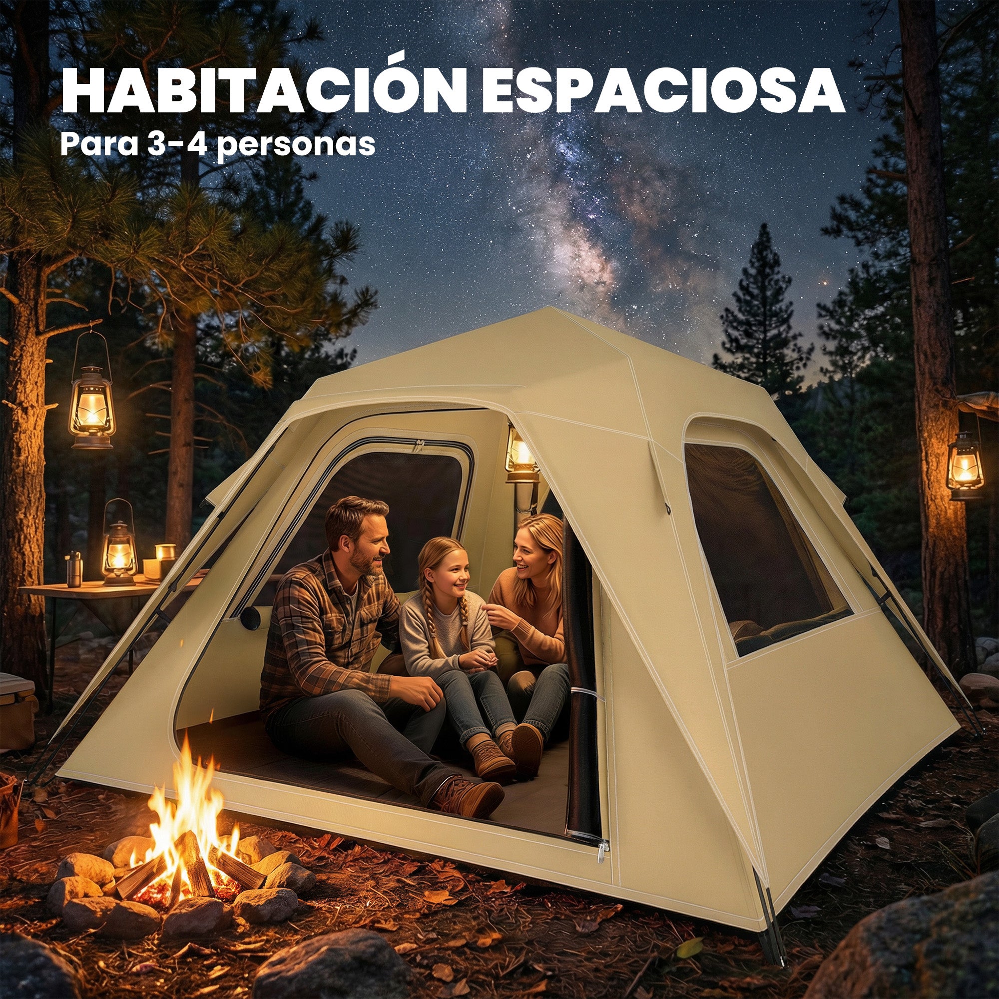 Instant Pop-Up Tent with Mesh Windows & Carry Bag, 3000 mm Waterproof, UPF50+ – 3–4 Person, Khaki