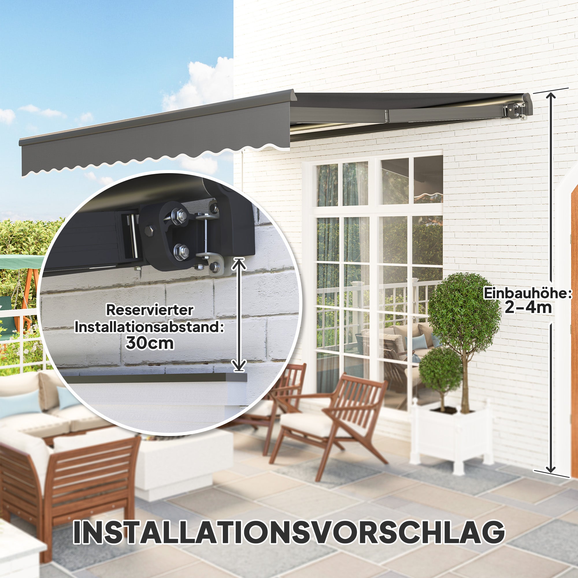Clamp Awning with Hand Crank Solar Lights Joint Arm Awning Awning Sun Protection UV 50+, Balcony Awning including Wall Bracket Sun Awning 400 cm Wide for Terrace Balcony Porch, Gray