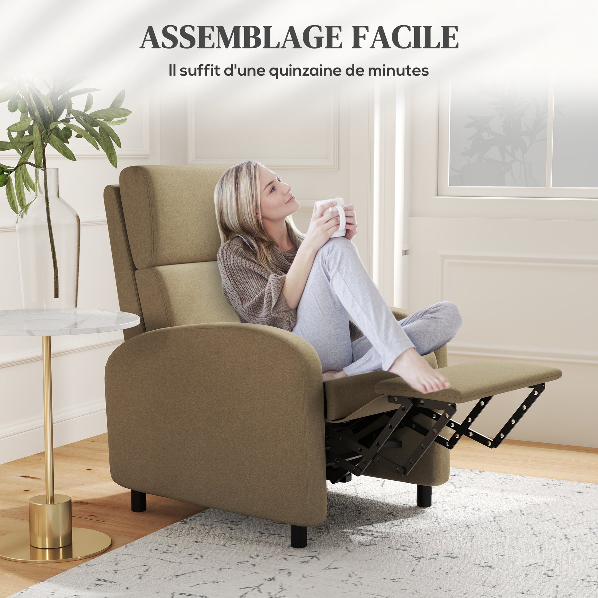 Reclining Chair Relaxation Armchair with Manual 160° Adjustable Backrest, Integrated Footrest for Living Room Bedroom Home Cinema, Weight Capacity 120kg, Beige