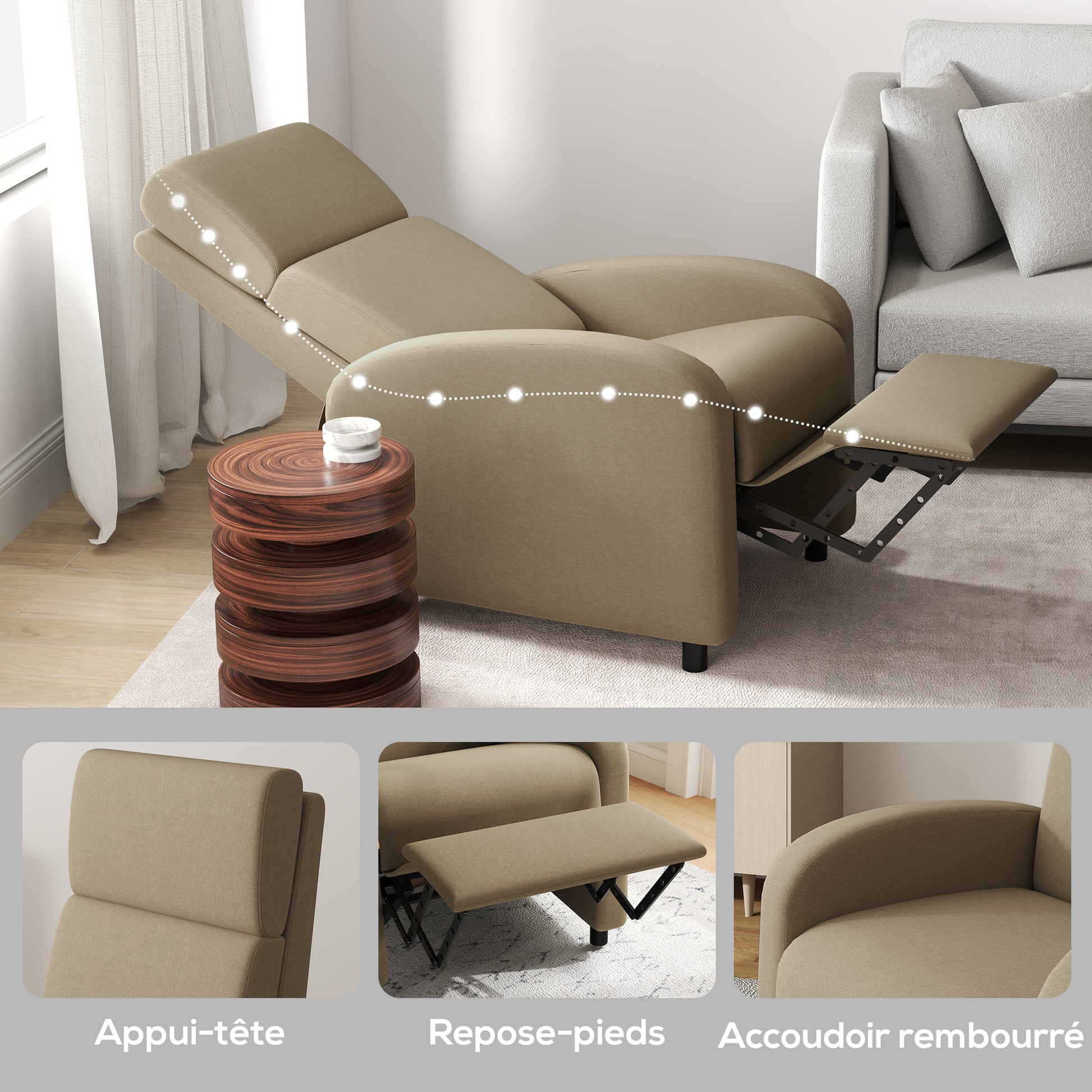 Reclining Chair Relaxation Armchair with Manual 160° Adjustable Backrest, Integrated Footrest for Living Room Bedroom Home Cinema, Weight Capacity 120kg, Beige