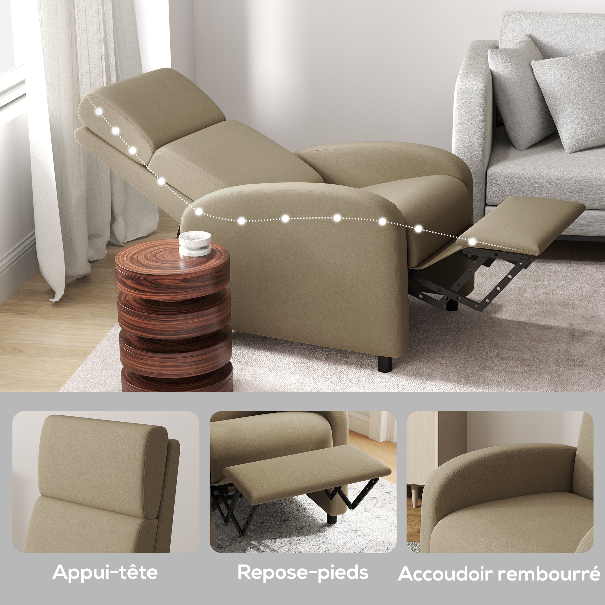 Reclining Chair Relaxation Armchair with Manual 160° Adjustable Backrest, Integrated Footrest for Living Room Bedroom Home Cinema, Weight Capacity 120kg, Beige