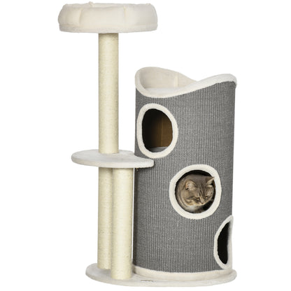 Cat Tree, 109 cm, Cat Tree with Scratching Barrel, Climbing Tree, Cat Scratching Post with Cat Bed, Cat Furniture with Sisal Posts, Cat Scratching Barrel for Cats, White+Gray