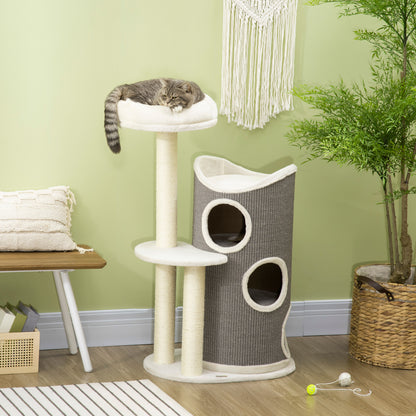 Cat Tree, 109 cm, Cat Tree with Scratching Barrel, Climbing Tree, Cat Scratching Post with Cat Bed, Cat Furniture with Sisal Posts, Cat Scratching Barrel for Cats, White+Gray